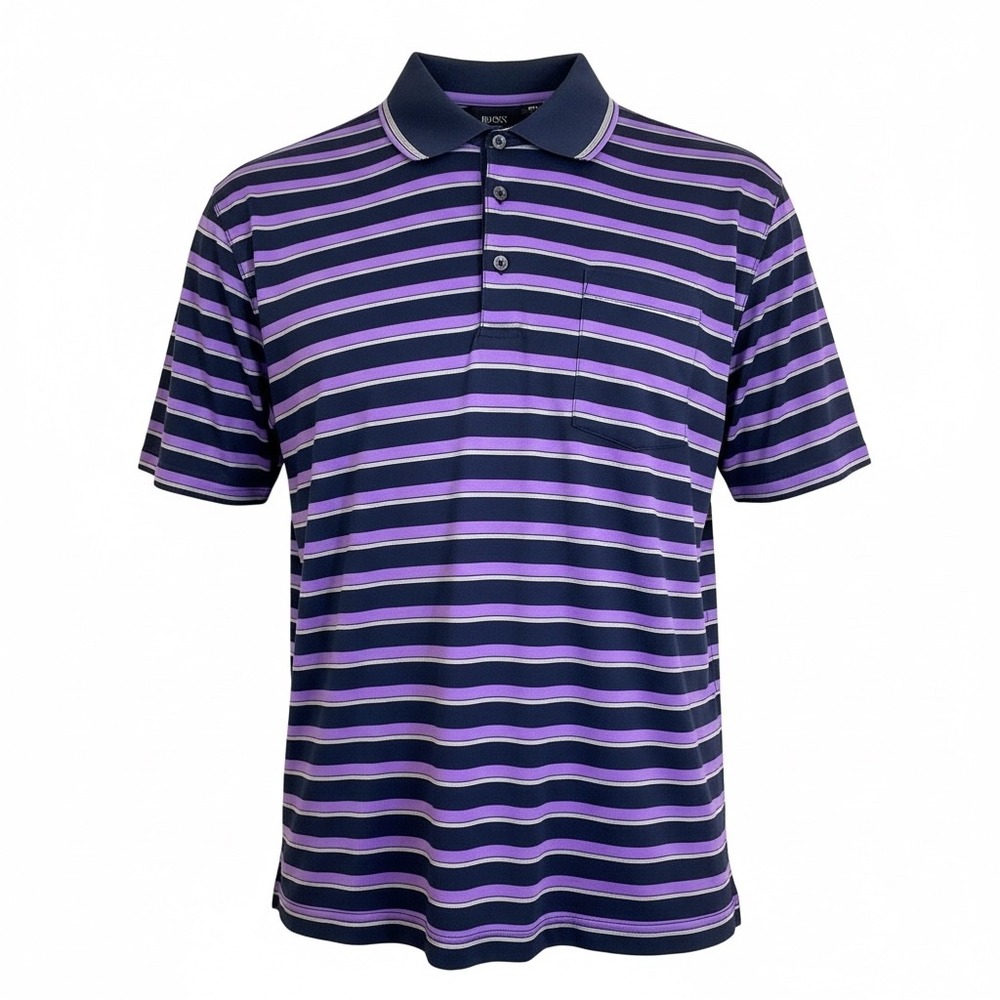 Hugo Boss Polo Shirt Mens XL Purple Navy Striped Short Sleeve Chest Pocket